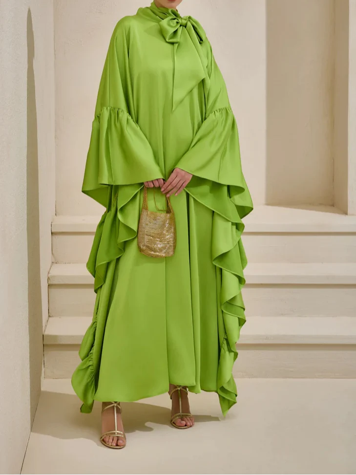 Tie Bow Big Ruffles Satin Kaftan