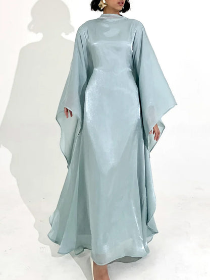 Elegant Satin-Textured High-Shine Abaya Maxi Dress for Women-Blue