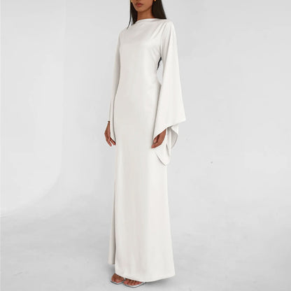 Solid Color Off-the-Shoulder Asymmetric Statement Sleeve Elegant Abaya Maxi Dress for Women-White