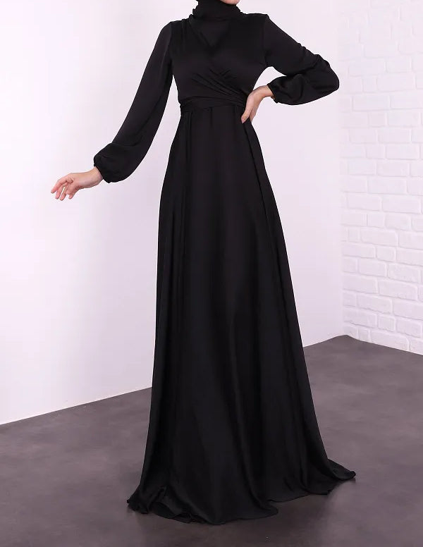 Satin Abaya Crossed Belted Evening Dress - Black