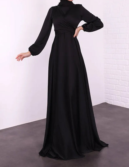 Satin Abaya Crossed Belted Evening Dress - Black