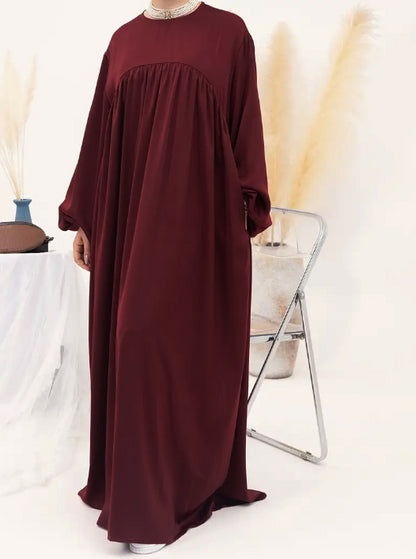 Eternal Blossom Satin Abaya Dress - Maroon