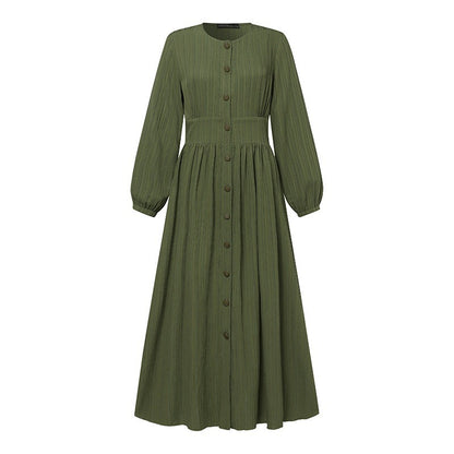 Women's Vintage Long-Sleeve Plain Modest Dress - Olive