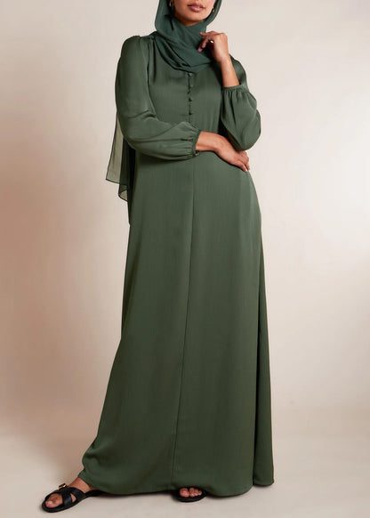 Small Stand Collar Front Single-Row Button Casual Abaya Maxi Dress for Women-Military Green