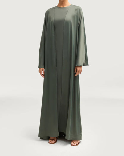 Sophia Heavy Satin Open Abaya Robe - Free Sage