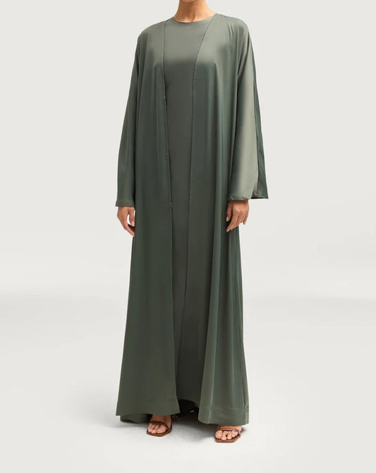 Sophia Heavy Satin Open Abaya Robe - Free Sage