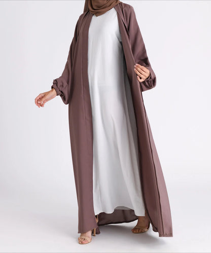 Classic Solid Open Abaya with Shrinking Cuffs - Brown
