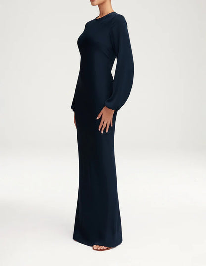 Sophia Heavy Satin Maxi Abaya Dress - Deep Navy