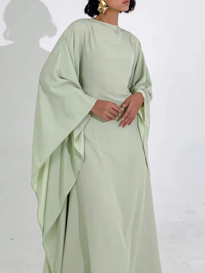 Elegant Satin-Textured High-Shine Abaya Maxi Dress for Women-Green