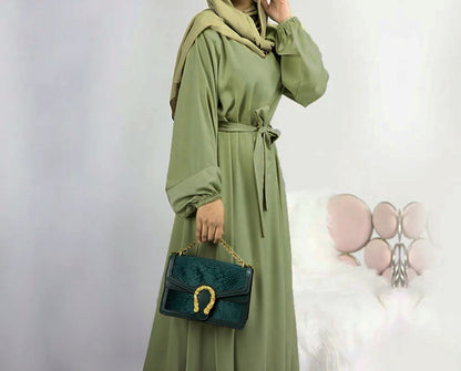 Zeenat Solid Satin Abaya Dress - Grass