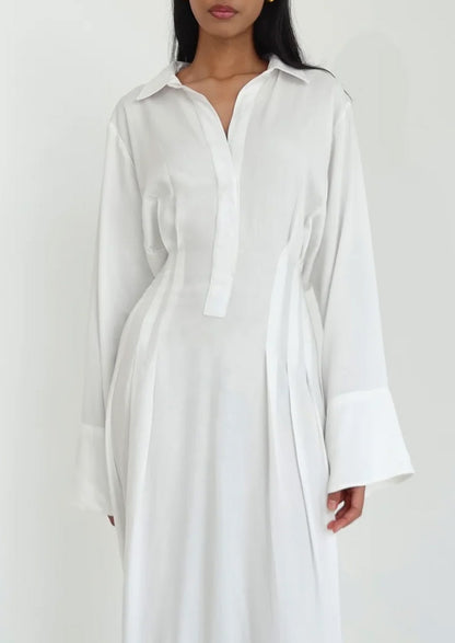 High-End Pure White Lapel Front Half-Placket Design Abaya Maxi Dress for Women