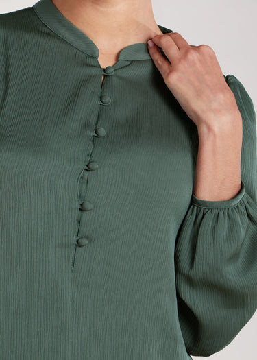 Small Stand Collar Front Single-Row Button Casual Abaya Maxi Dress for Women-Military Green