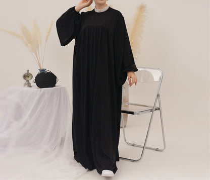 Eternal Blossom Satin Abaya Dress - Shiny Black