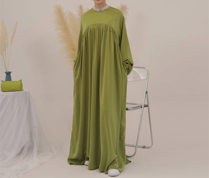 Eternal Blossom Satin Abaya Dress - Olive Green