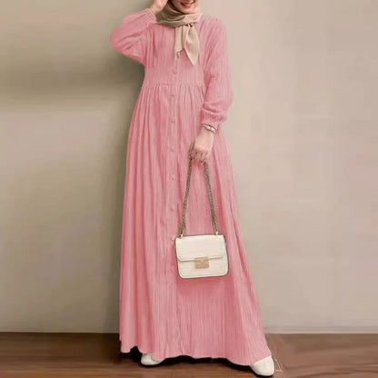 Women's Vintage Long-Sleeve Plain Modest Dress - Peach