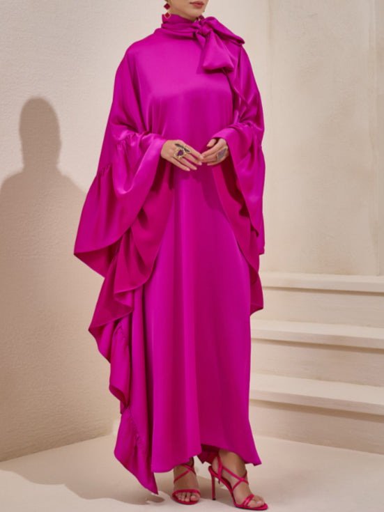 Tie Bow Big Ruffles Satin Kaftan - Passionate pink