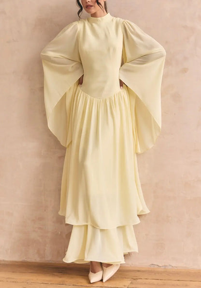 Ruffle Yellow Modest Muslim Maxi Abaya Dress