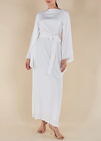 One-line Collar Wide Bell Sleeve Solid Color Abaya Maxi Dress for Muslim Women-White