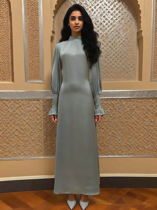 Modest Solid Satin Tie Waist Sleeve Pleated Maxi Dress