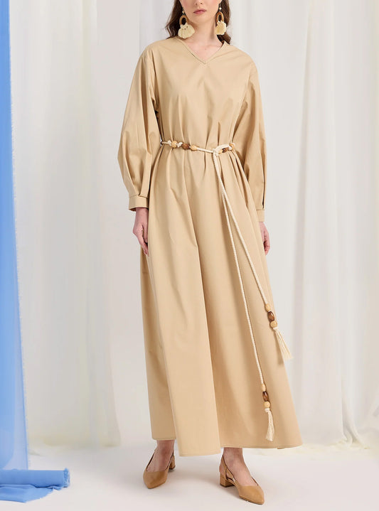 Modest Muslim Casual Waist-Tie Maxi Abaya Dress-Light Brown