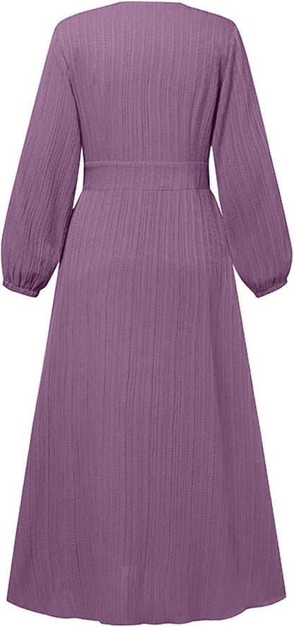Women's Vintage Long-Sleeve Plain Modest Dress - Lavender