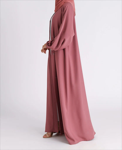 Classic Solid Open Abaya with Shrinking Cuffs - DarkPink