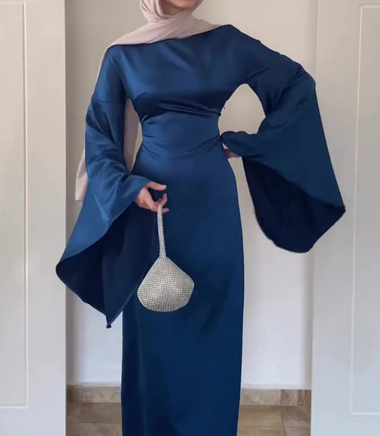 Cinched Waist Ultrawide Flared Sleeve Dress
