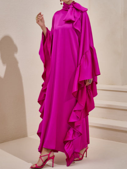 Tie Bow Big Ruffles Satin Kaftan - Passionate pink