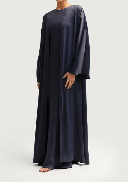 Sophia Heavy Satin Open Abaya Robe - Deep Navy