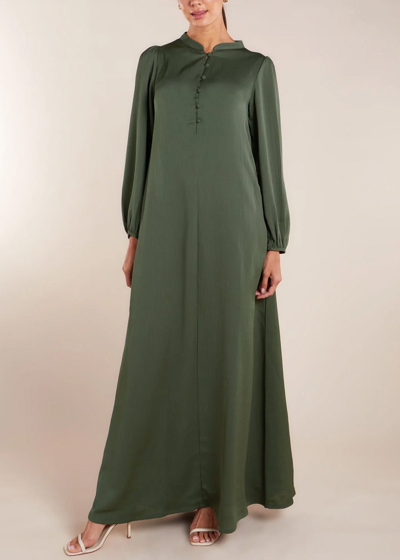Small Stand Collar Front Single-Row Button Casual Abaya Maxi Dress for Women-Military Green