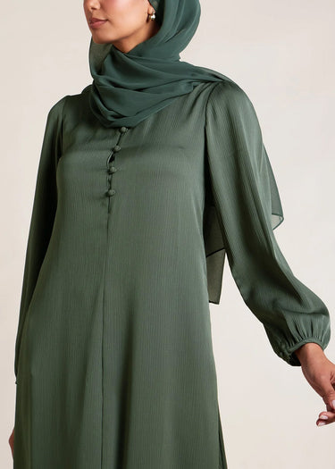 Small Stand Collar Front Single-Row Button Casual Abaya Maxi Dress for Women-Military Green