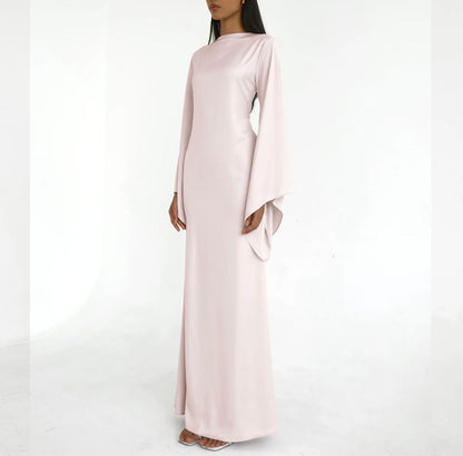 Solid Color Off-the-Shoulder Asymmetric Statement Sleeve Elegant Abaya Maxi Dress for Women-Light Pink