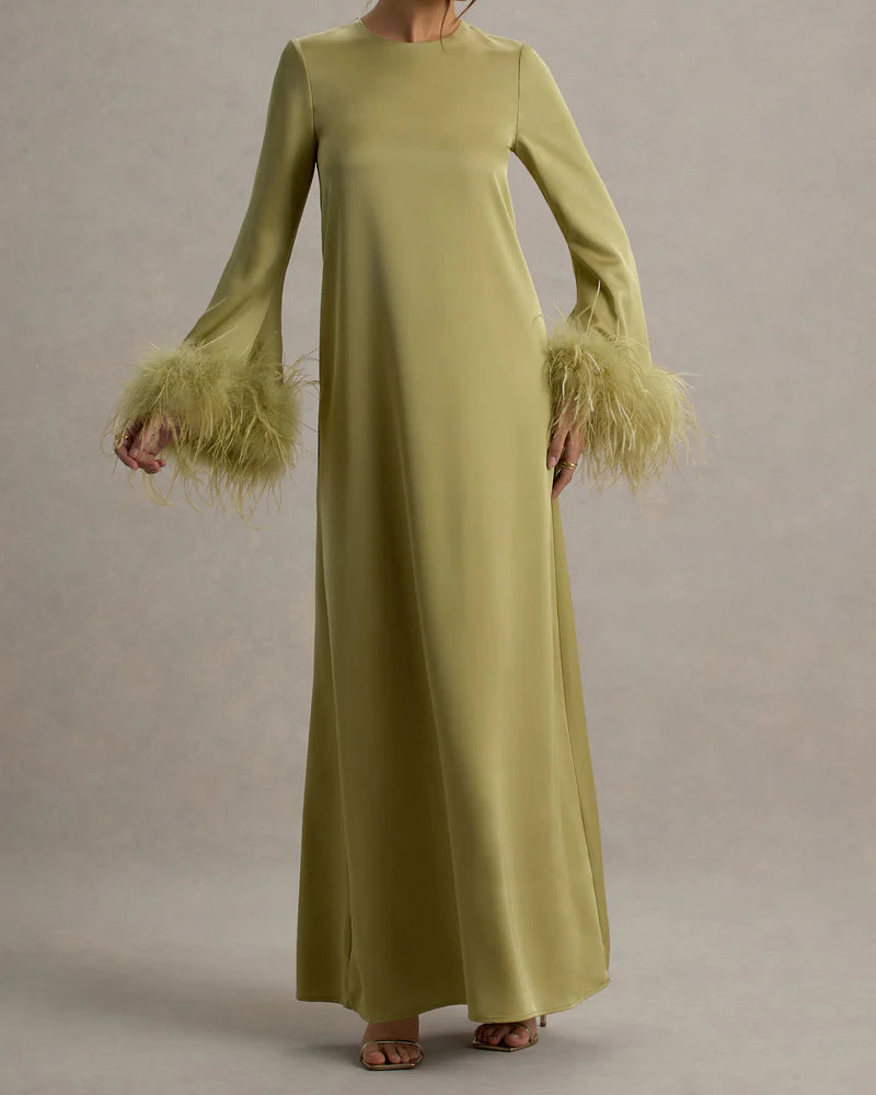 Feather Cuff A Line Maxi Abaya Dress