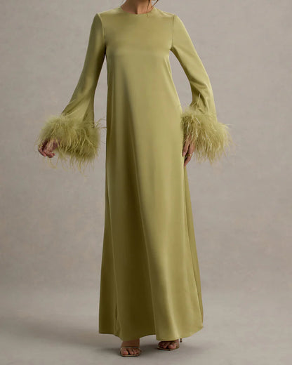 Feather Cuff A Line Maxi Abaya Dress