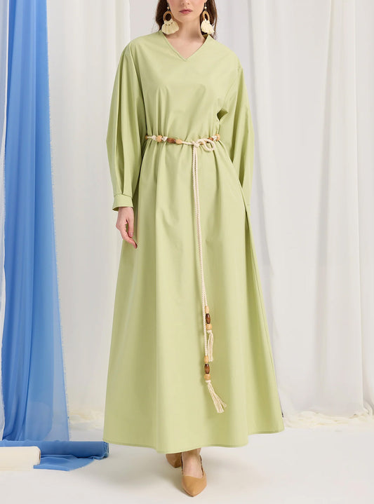 Modest Muslim Casual Waist-Tie Maxi Abaya Dress-Green