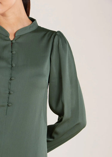 Small Stand Collar Front Single-Row Button Casual Abaya Maxi Dress for Women-Military Green