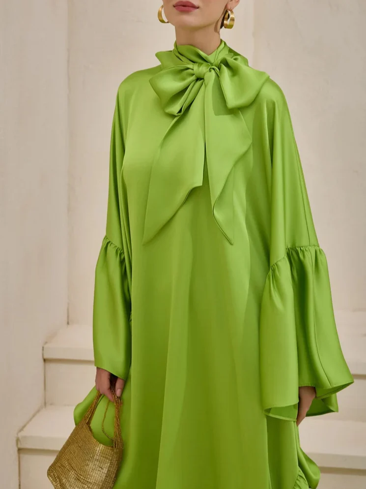 Tie Bow Big Ruffles Satin Kaftan