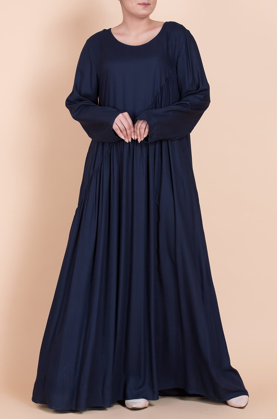 Navy Blue Asymmetric Smocked Round-neck Dress