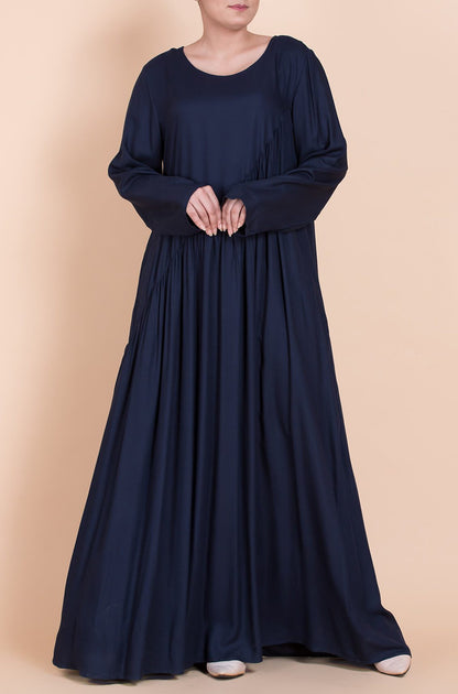 Navy Blue Asymmetric Smocked Round-neck Dress