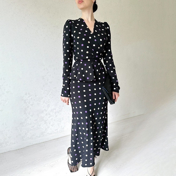 Polka Dot V-neck Hip Skirt Tie Waist Dress