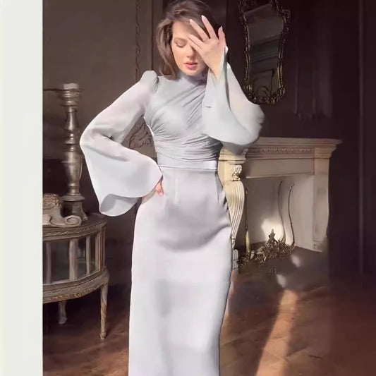 Half-high Neck Flared Sleeve Waist-cinching Hip Dress