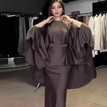 Lace-up Waist Roundneck Long-sleeved Suit Dress