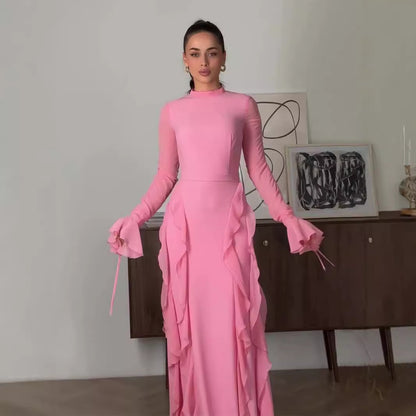 Ruffled Panels Chiffon Half-neck Dress