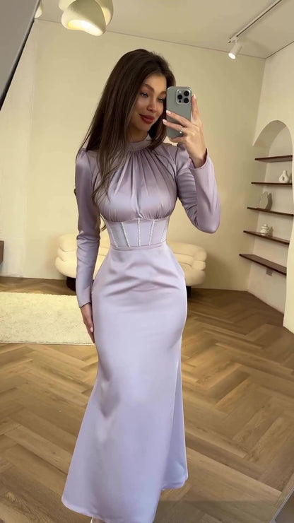 Slim Long-sleeved Pleated Tie Irregular Dress