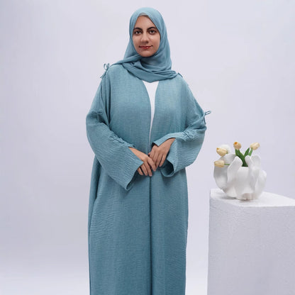 Elegant Textured Open Abaya with Bow Decortion