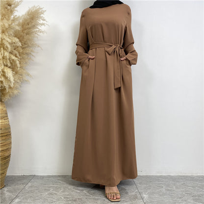 Women's Plain Lace-up Pocket Abaya Dress