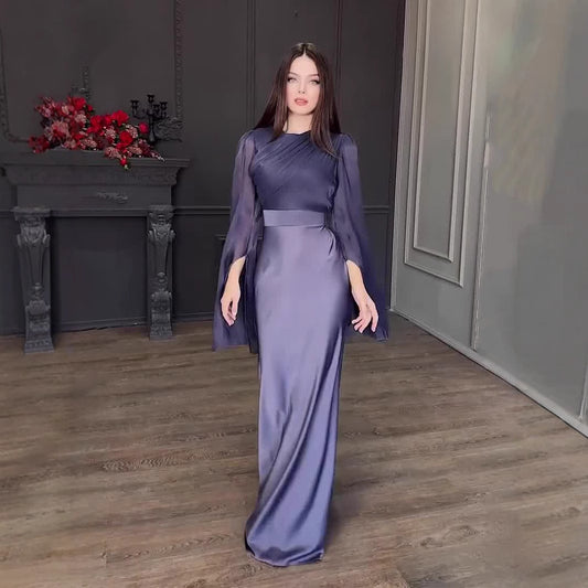 Patchwork Long Satin Slim Dress with Large Swing Sleeves