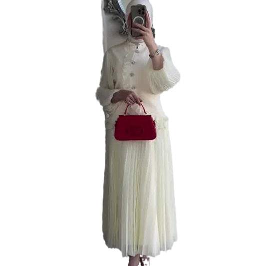 Fungus-trimmed Subpleated Loose Skirt Set