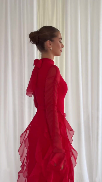 Ruffled Panels Chiffon Half-neck Dress