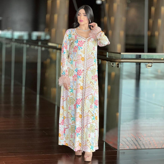 Feather Decoration Floral Abaya Dress